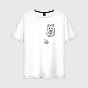 Женская футболка хлопок Oversize с принтом Песик в Кармане в Новосибирске, 100% хлопок | свободный крой, круглый ворот, спущенный рукав, длина до линии бедер
 | anime | dog | happy | kawaii | акита | аниме | белый | милый | мимими | овчарка | пес | плюшевый | пушистик | самоед | собака | собакен | счастливый | щенок
