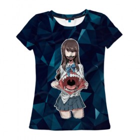 Женская футболка 3D с принтом Аниме девочка в Новосибирске, 100% полиэфир ( синтетическое хлопкоподобное полотно) | прямой крой, круглый вырез горловины, длина до линии бедер | anime | аниме | аниме ужастик | девочка | зубастая | зубы | клыки | ужасы | юбка