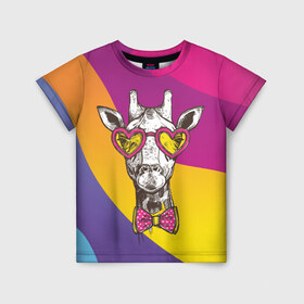 Детская футболка 3D с принтом Праздничный жираф в Новосибирске, 100% гипоаллергенный полиэфир | прямой крой, круглый вырез горловины, длина до линии бедер, чуть спущенное плечо, ткань немного тянется | Тематика изображения на принте: бабочка | животное | жираф | модный | очки | праздничный | рожки | сердечки | хипстер | шея
