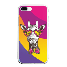 Чехол для iPhone 7Plus/8 Plus матовый с принтом Праздничный жираф в Новосибирске, Силикон | Область печати: задняя сторона чехла, без боковых панелей | бабочка | животное | жираф | модный | очки | праздничный | рожки | сердечки | хипстер | шея