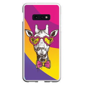 Чехол для Samsung S10E с принтом Праздничный жираф в Новосибирске, Силикон | Область печати: задняя сторона чехла, без боковых панелей | бабочка | животное | жираф | модный | очки | праздничный | рожки | сердечки | хипстер | шея