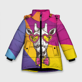 Зимняя куртка для девочек 3D с принтом Праздничный жираф в Новосибирске, ткань верха — 100% полиэстер; подклад — 100% полиэстер, утеплитель — 100% полиэстер. | длина ниже бедра, удлиненная спинка, воротник стойка и отстегивающийся капюшон. Есть боковые карманы с листочкой на кнопках, утяжки по низу изделия и внутренний карман на молнии. 

Предусмотрены светоотражающий принт на спинке, радужный светоотражающий элемент на пуллере молнии и на резинке для утяжки. | бабочка | животное | жираф | модный | очки | праздничный | рожки | сердечки | хипстер | шея