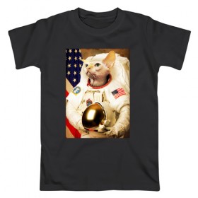 Мужская футболка хлопок с принтом Cat Astronaut в Новосибирске, 100% хлопок | прямой крой, круглый вырез горловины, длина до линии бедер, слегка спущенное плечо. | Тематика изображения на принте: nasa | space | америка | армстронг | астронавт | вселенная | киса | киска | космонавт | космос | кот | котейка | котенок | котэ | котя | кошка | лысый | полет | сфинкс