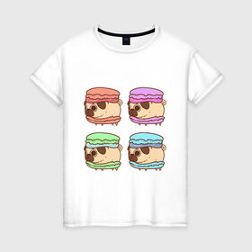 Женская футболка хлопок с принтом Мопсы Пироженки в Новосибирске, 100% хлопок | прямой крой, круглый вырез горловины, длина до линии бедер, слегка спущенное плечо | fastfood | junkfood | pug | еда | макарун | мопс | пирожное | пончик | сладость | собака | фастфуд