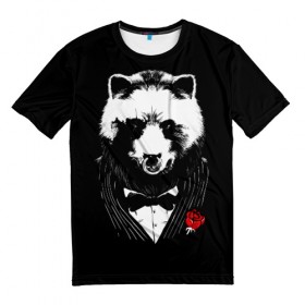 Мужская футболка 3D с принтом Медведь авторитет в Новосибирске, 100% полиэфир | прямой крой, круглый вырез горловины, длина до линии бедер | authority | bear | go | авторитет | аль капоне | бабочка | в носу | взгляд | галстук | графика | дикий | животное | иллюстрация | картинка | кольцо | костюм | красная | крестный | мафия | медведь | мода | отец