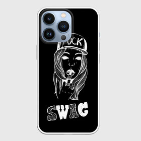 Чехол для iPhone 13 Pro с принтом Swag BLACK в Новосибирске,  |  | authority | beautifu | cool | girl | авторитет | бейсболка | буквы | графика | девушка | иллюстрация | картинка | кольца | красивая | крутая | мода | надпись | палец | показывает | рисунок | средний | стиль | текст