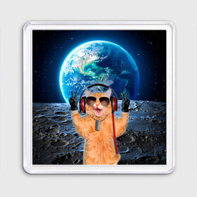Магнит 55*55 с принтом Кот на луне в Новосибирске, Пластик | Размер: 65*65 мм; Размер печати: 55*55 мм | cat | астрономия | в космосе | в наушниках | в очках | грозовой кошак | животные | звезды | земля | илон маск | космическая | космонавт | космос | кот | котейка | котики | луна | луноход | на фоне земли