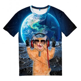 Мужская футболка 3D с принтом Кот на луне в Новосибирске, 100% полиэфир | прямой крой, круглый вырез горловины, длина до линии бедер | cat | астрономия | в космосе | в наушниках | в очках | грозовой кошак | животные | звезды | земля | илон маск | космическая | космонавт | космос | кот | котейка | котики | луна | луноход | на фоне земли