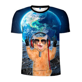 Мужская футболка 3D спортивная с принтом Кот на луне в Новосибирске, 100% полиэстер с улучшенными характеристиками | приталенный силуэт, круглая горловина, широкие плечи, сужается к линии бедра | cat | астрономия | в космосе | в наушниках | в очках | грозовой кошак | животные | звезды | земля | илон маск | космическая | космонавт | космос | кот | котейка | котики | луна | луноход | на фоне земли