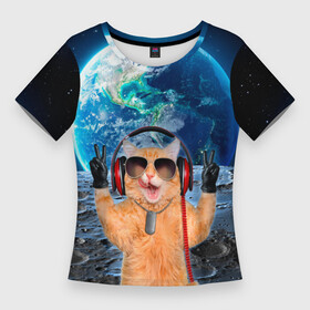 Женская футболка 3D Slim с принтом Кот на луне в Новосибирске,  |  | cat | астрономия | в космосе | в наушниках | в очках | грозовой кошак | животные | звезды | земля | илон маск | космическая | космонавт | космос | кот | котейка | котики | луна | луноход | на фоне земли