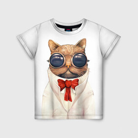 Детская футболка 3D с принтом Кот в Новосибирске, 100% гипоаллергенный полиэфир | прямой крой, круглый вырез горловины, длина до линии бедер, чуть спущенное плечо, ткань немного тянется | бабочка | в очках | киса | киска | костюм | котейка | котенок | котэ | котя | кошка | крутой | модный | стиль | ученый