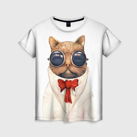 Женская футболка 3D с принтом Кот в Новосибирске, 100% полиэфир ( синтетическое хлопкоподобное полотно) | прямой крой, круглый вырез горловины, длина до линии бедер | бабочка | в очках | киса | киска | костюм | котейка | котенок | котэ | котя | кошка | крутой | модный | стиль | ученый