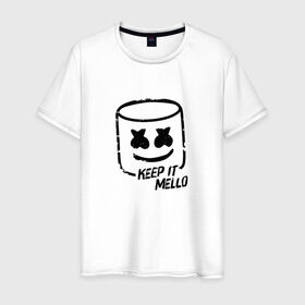 Мужская футболка хлопок с принтом Keep It Mello в Новосибирске, 100% хлопок | прямой крой, круглый вырез горловины, длина до линии бедер, слегка спущенное плечо. | Тематика изображения на принте: marshmallow | marshmello | диджей | маршмэллоу | музыка