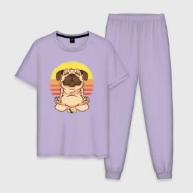 Мужская пижама хлопок с принтом Мопс Йога в Новосибирске, 100% хлопок | брюки и футболка прямого кроя, без карманов, на брюках мягкая резинка на поясе и по низу штанин
 | Тематика изображения на принте: dog | pug | yoga | йога | медитация | мопс | мопсы | собака | собаки | фитнес