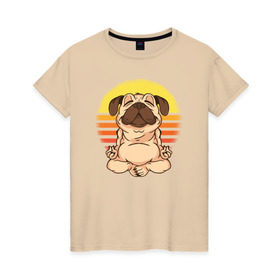 Женская футболка хлопок с принтом Мопс Йога в Новосибирске, 100% хлопок | прямой крой, круглый вырез горловины, длина до линии бедер, слегка спущенное плечо | dog | pug | yoga | йога | медитация | мопс | мопсы | собака | собаки | фитнес