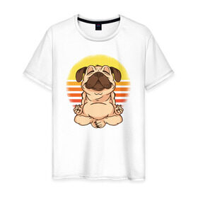 Мужская футболка хлопок с принтом Мопс Йога в Новосибирске, 100% хлопок | прямой крой, круглый вырез горловины, длина до линии бедер, слегка спущенное плечо. | Тематика изображения на принте: dog | pug | yoga | йога | медитация | мопс | мопсы | собака | собаки | фитнес