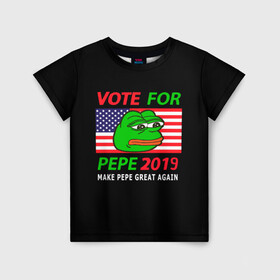 Детская футболка 3D с принтом Vote for pepe в Новосибирске, 100% гипоаллергенный полиэфир | прямой крой, круглый вырез горловины, длина до линии бедер, чуть спущенное плечо, ткань немного тянется | Тематика изображения на принте: bad | dab | frog | good | kek | make pepe great again | pepe | sad | sad frog | vote for pepe | кек | лягушка | мем | мемы | пепе | со смыслом | фрог