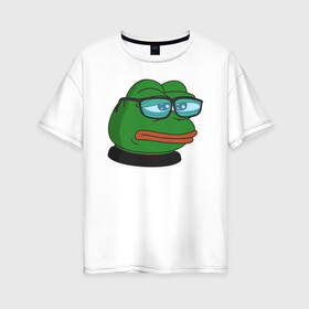 Женская футболка хлопок Oversize с принтом Pepe в Новосибирске, 100% хлопок | свободный крой, круглый ворот, спущенный рукав, длина до линии бедер
 | bad | dab | frog | good | kek | make pepe great again | pepe | sad | sad frog | vote for pepe | кек | лягушка | мем | мемы | пепе | со смыслом | фрог