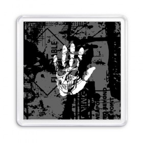 Магнит 55*55 с принтом Stop в Новосибирске, Пластик | Размер: 65*65 мм; Размер печати: 55*55 мм | Тематика изображения на принте: black | caution | gray | halloween | hand | skeleton | skull | stop | white | белый | предупреждение | рука | серый | скелет | хэллоуин | череп | черный