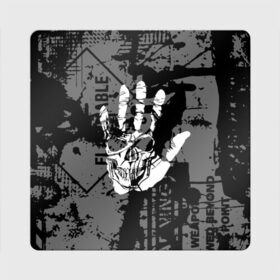 Магнит виниловый Квадрат с принтом Stop в Новосибирске, полимерный материал с магнитным слоем | размер 9*9 см, закругленные углы | Тематика изображения на принте: black | caution | gray | halloween | hand | skeleton | skull | stop | white | белый | предупреждение | рука | серый | скелет | хэллоуин | череп | черный