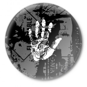 Значок с принтом Stop в Новосибирске,  металл | круглая форма, металлическая застежка в виде булавки | Тематика изображения на принте: black | caution | gray | halloween | hand | skeleton | skull | stop | white | белый | предупреждение | рука | серый | скелет | хэллоуин | череп | черный