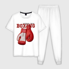 Мужская пижама хлопок с принтом National Team Boxing в Новосибирске, 100% хлопок | брюки и футболка прямого кроя, без карманов, на брюках мягкая резинка на поясе и по низу штанин
 | бокс | перчатки