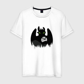 Мужская футболка хлопок с принтом Toothless в Новосибирске, 100% хлопок | прямой крой, круглый вырез горловины, длина до линии бедер, слегка спущенное плечо. | беззубик | взгляд | горы | дракон | как приручить дракона | лес | луна | мульт | силуэт | тень | фурия