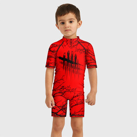 Детский купальный костюм 3D с принтом Dead by Daylight в Новосибирске, Полиэстер 85%, Спандекс 15% | застежка на молнии на спине | dead by daylight | ветки | деад бай деад лайт | деревья | жуть | игра | компьютерная игра | красный | красный и черный | кровь | ужасы | черный