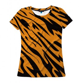 Женская футболка 3D с принтом Тигр в Новосибирске, 100% полиэфир ( синтетическое хлопкоподобное полотно) | прямой крой, круглый вырез горловины, длина до линии бедер | животное | зверь | кардашьян | ким | кот | лев | оранжевый | полосы | рыжий | тигр | черный