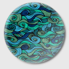Значок с принтом Морская пучина в Новосибирске,  металл | круглая форма, металлическая застежка в виде булавки | Тематика изображения на принте: абстракция | волны | зеленый | круг | линии | море | полосы | синий