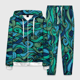 Мужской костюм 3D с принтом Морская пучина в Новосибирске, 100% полиэстер | Манжеты и пояс оформлены тканевой резинкой, двухслойный капюшон со шнурком для регулировки, карманы спереди | Тематика изображения на принте: абстракция | волны | зеленый | круг | линии | море | полосы | синий