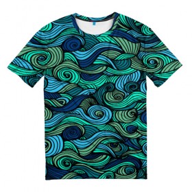 Мужская футболка 3D с принтом Морская пучина в Новосибирске, 100% полиэфир | прямой крой, круглый вырез горловины, длина до линии бедер | Тематика изображения на принте: абстракция | волны | зеленый | круг | линии | море | полосы | синий