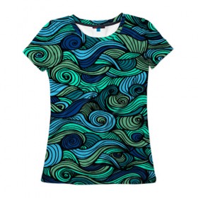 Женская футболка 3D с принтом Морская пучина в Новосибирске, 100% полиэфир ( синтетическое хлопкоподобное полотно) | прямой крой, круглый вырез горловины, длина до линии бедер | абстракция | волны | зеленый | круг | линии | море | полосы | синий