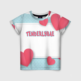 Детская футболка 3D с принтом Tenderlybae в Новосибирске, 100% гипоаллергенный полиэфир | прямой крой, круглый вырез горловины, длина до линии бедер, чуть спущенное плечо, ткань немного тянется | tenderlybae | twitch | амина | бэйби | в маске | малышка | мирзоева | мэйби | нежная | стримерша | тендерлибае | тендерлибэй