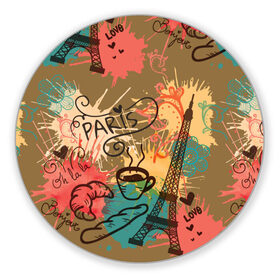 Коврик круглый с принтом Париж в Новосибирске, резина и полиэстер | круглая форма, изображение наносится на всю лицевую часть | love | башня | булочка | кофе | круассан | любовь | отпуск | париж | путешествия | франция | хлеб | эйфелева