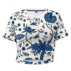 Женская футболка 3D укороченная с принтом Цветочная фантазия в Новосибирске, 100% полиэстер | круглая горловина, длина футболки до линии талии, рукава с отворотами | белый | листья | отпуск | природа | синий | цветы