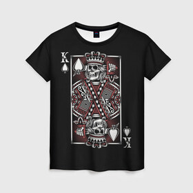 Женская футболка 3D с принтом Король пик в Новосибирске, 100% полиэфир ( синтетическое хлопкоподобное полотно) | прямой крой, круглый вырез горловины, длина до линии бедер | game | king | poker | spades | suit | графика | игра | игральная | иллюстрация | казино | карта | картинка | коллаж | король | корона | мантия | масть | мода | орнамент | пики | покер | разбросаны | рисунок | символ