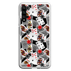 Чехол для Honor 20 с принтом Игральные карты в Новосибирске, Силикон | Область печати: задняя сторона чехла, без боковых панелей | буны | вольты | графика | дамы | десятки | игра | игральные | иллюстрация | казино | картинка | карты | коллаж | короли | красные | крести | масть | мода | орнамент | пики | покер | разбросаны | рисунок
