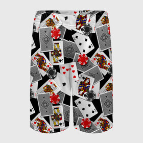 Детские спортивные шорты 3D с принтом Игральные карты в Новосибирске,  100% полиэстер
 | пояс оформлен широкой мягкой резинкой, ткань тянется
 | буны | вольты | графика | дамы | десятки | игра | игральные | иллюстрация | казино | картинка | карты | коллаж | короли | красные | крести | масть | мода | орнамент | пики | покер | разбросаны | рисунок