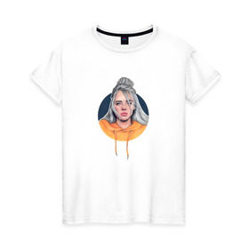 Женская футболка хлопок с принтом Billie Eilish в Новосибирске, 100% хлопок | прямой крой, круглый вырез горловины, длина до линии бедер, слегка спущенное плечо | Тематика изображения на принте: music | pop | айлиш | билли | музыка