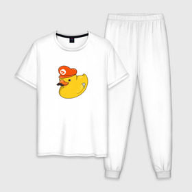 Мужская пижама хлопок с принтом DUCKrio в Новосибирске, 100% хлопок | брюки и футболка прямого кроя, без карманов, на брюках мягкая резинка на поясе и по низу штанин
 | duck | duckpack | game | gamer | желтый | игра | марио | милый | усы | утенок | утка