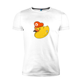 Мужская футболка премиум с принтом DUCKrio в Новосибирске, 92% хлопок, 8% лайкра | приталенный силуэт, круглый вырез ворота, длина до линии бедра, короткий рукав | Тематика изображения на принте: duck | duckpack | game | gamer | желтый | игра | марио | милый | усы | утенок | утка