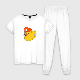 Женская пижама хлопок с принтом DUCKrio в Новосибирске, 100% хлопок | брюки и футболка прямого кроя, без карманов, на брюках мягкая резинка на поясе и по низу штанин | duck | duckpack | game | gamer | желтый | игра | марио | милый | усы | утенок | утка
