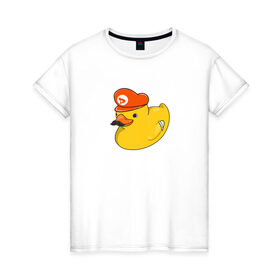 Женская футболка хлопок с принтом DUCKrio в Новосибирске, 100% хлопок | прямой крой, круглый вырез горловины, длина до линии бедер, слегка спущенное плечо | Тематика изображения на принте: duck | duckpack | game | gamer | желтый | игра | марио | милый | усы | утенок | утка