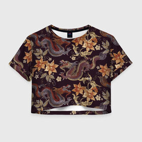 Женская футболка Cropp-top с принтом Японские драконы в Новосибирске, 100% полиэстер | круглая горловина, длина футболки до линии талии, рукава с отворотами | big | арт | крупные арты | крупные принты | сумаcшедшие арты