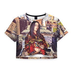 Женская футболка 3D укороченная с принтом Billie Eilish в Новосибирске, 100% полиэстер | круглая горловина, длина футболки до линии талии, рукава с отворотами | билли айлиш | певица