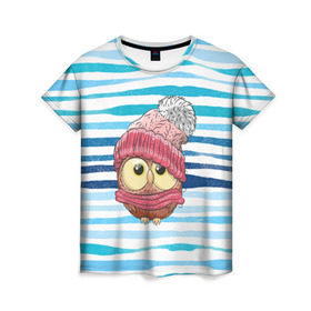 Женская футболка 3D с принтом Сова в шапке в Новосибирске, 100% полиэфир ( синтетическое хлопкоподобное полотно) | прямой крой, круглый вырез горловины, длина до линии бедер | глазастик | звездочки | зима | зимняя | лапки | маленькая | милая | милый | птенец | птичка | пушистик | сердечки | сова | совенок | совушка | шапка