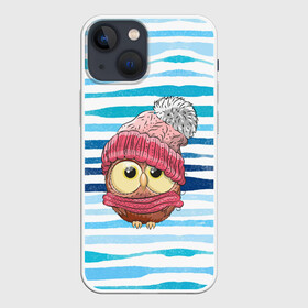 Чехол для iPhone 13 mini с принтом Сова в шапке в Новосибирске,  |  | глазастик | звездочки | зима | зимняя | лапки | маленькая | милая | милый | птенец | птичка | пушистик | сердечки | сова | совенок | совушка | шапка