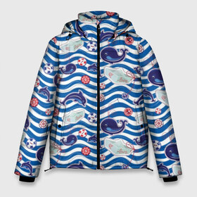 Мужская зимняя куртка 3D с принтом Киты и дельфины в Новосибирске, верх — 100% полиэстер; подкладка — 100% полиэстер; утеплитель — 100% полиэстер | длина ниже бедра, свободный силуэт Оверсайз. Есть воротник-стойка, отстегивающийся капюшон и ветрозащитная планка. 

Боковые карманы с листочкой на кнопках и внутренний карман на молнии. | Тематика изображения на принте: animals | background | boats | fashion | hearts | paper | sea | style | text | water | вода | волны | графика | дельфины | детский | иллюстрация | картинка | мода | море | морские | надпись | океан | орнамент | полоски | пуговицы | пунктир