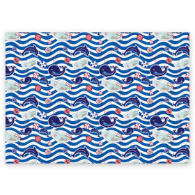 Поздравительная открытка с принтом Киты и дельфины в Новосибирске, 100% бумага | плотность бумаги 280 г/м2, матовая, на обратной стороне линовка и место для марки
 | animals | background | boats | fashion | hearts | paper | sea | style | text | water | вода | волны | графика | дельфины | детский | иллюстрация | картинка | мода | море | морские | надпись | океан | орнамент | полоски | пуговицы | пунктир